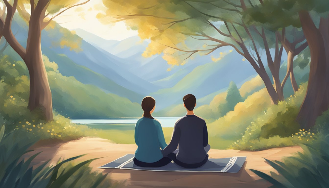 A couple sitting in a serene, natural setting, facing each other with closed eyes, practicing mindfulness meditation together