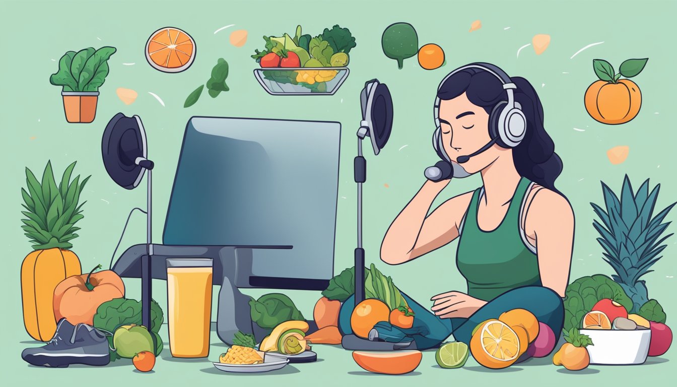 A person listening to a podcast while exercising, surrounded by healthy food and workout equipment