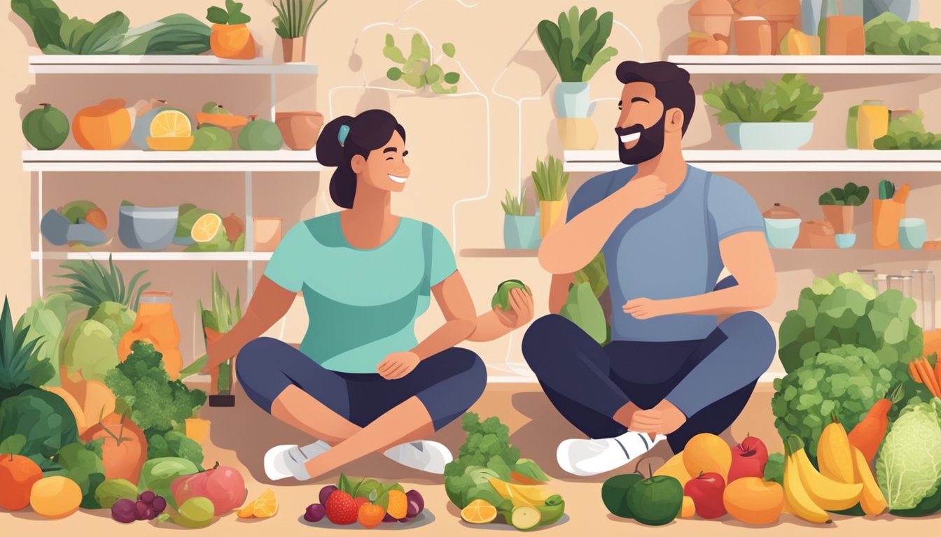 A couple sitting close, smiling and holding hands while surrounded by healthy foods and exercise equipment