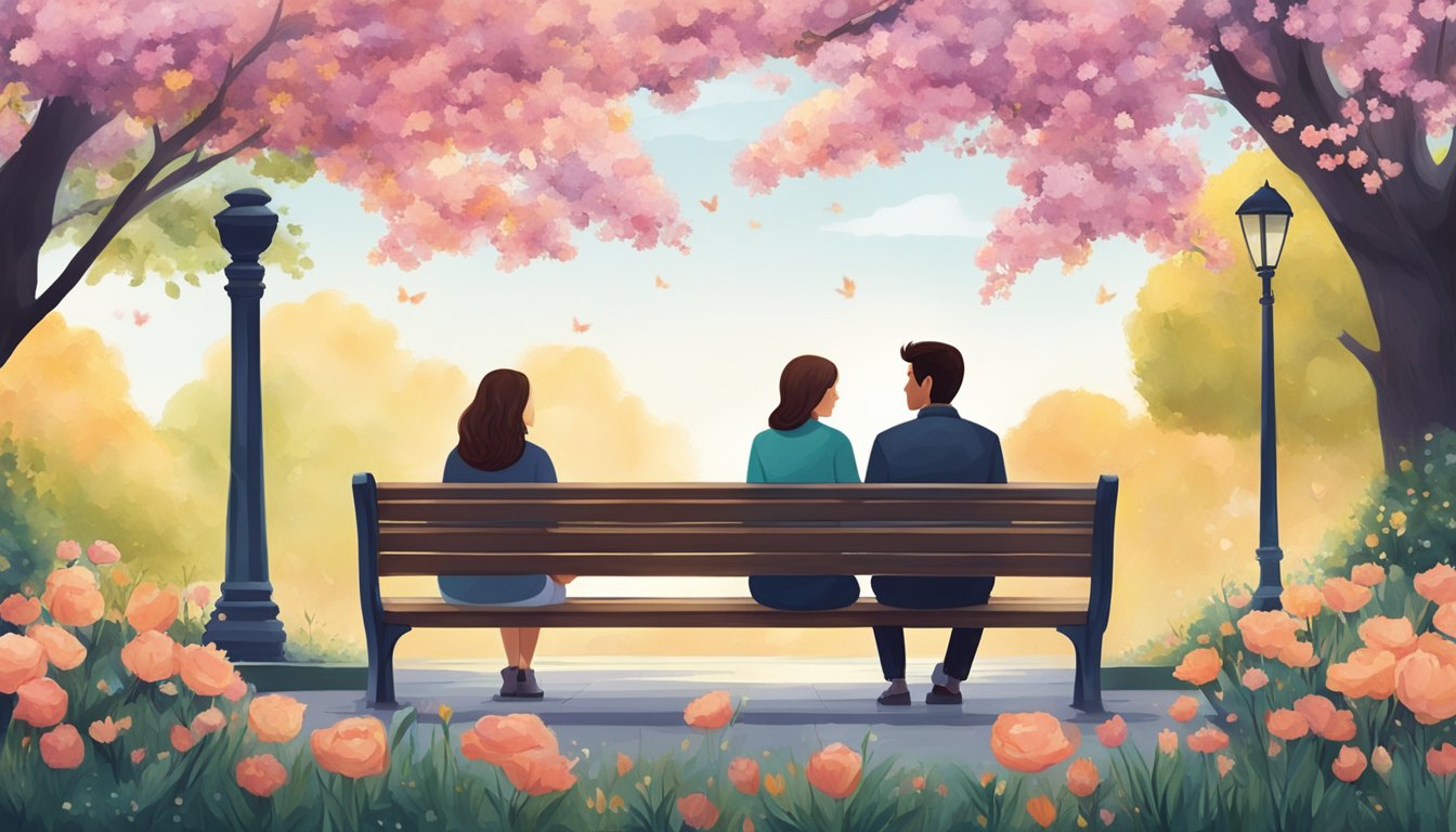 A couple sitting close on a park bench, surrounded by blooming flowers and holding hands while having a deep conversation