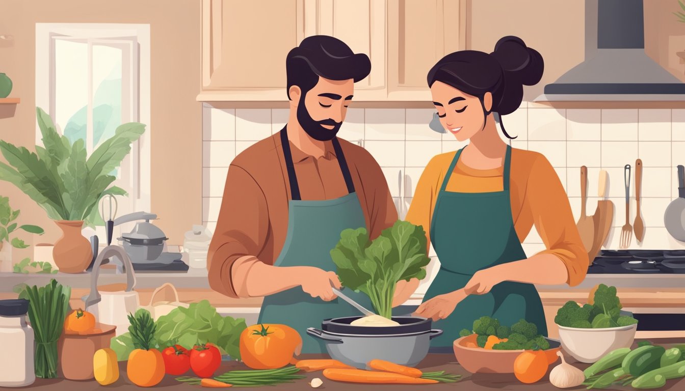 A couple cooking together in a cozy kitchen, surrounded by fresh ingredients and cooking utensils, sharing a tender moment as they prepare a healthy meal