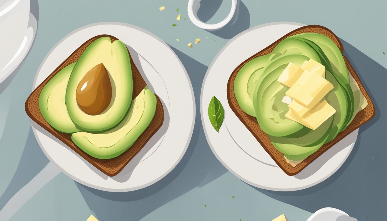 A piece of toast with sliced avocado on top, replacing butter. Other healthy food items in the background