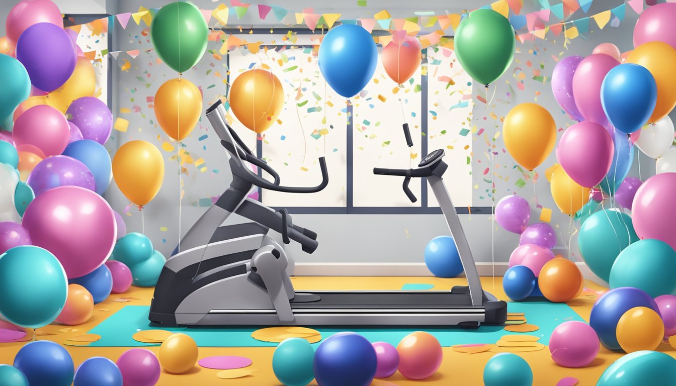 A gym with various fitness equipment arranged in a celebratory display, surrounded by confetti and balloons to mark weight loss milestones