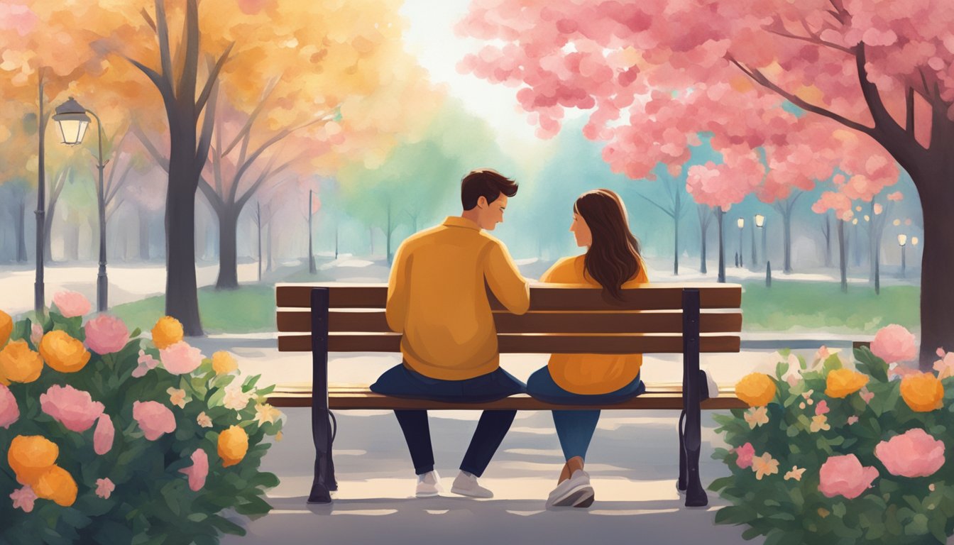 A couple sitting together on a park bench, sharing a warm embrace as they lean in towards each other, surrounded by blooming flowers and a serene atmosphere