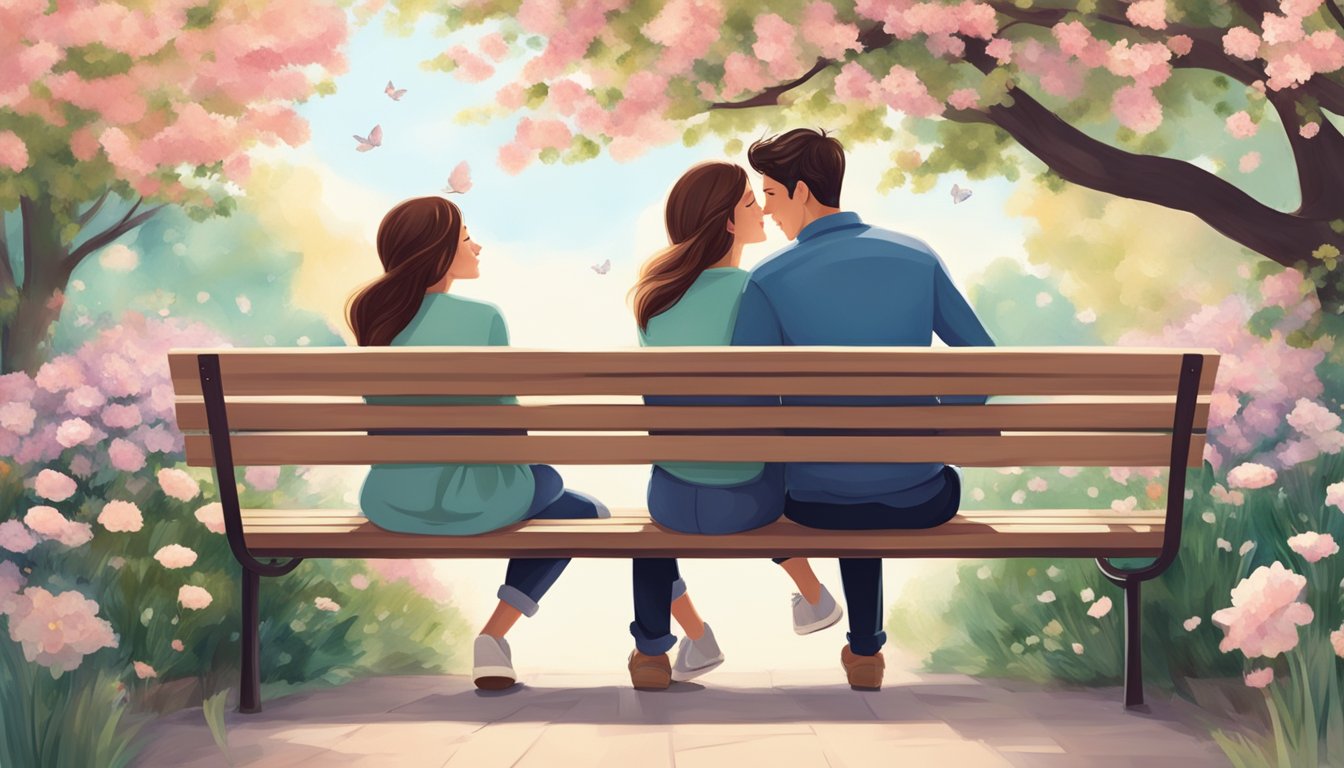 A couple sitting close on a park bench, embracing each other as they share a tender moment, surrounded by blooming flowers and a gentle breeze