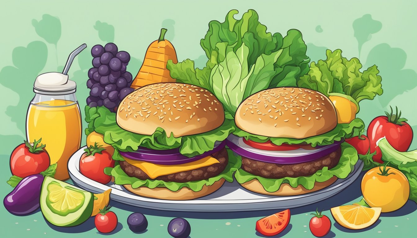 A burger with lettuce leaves as buns, surrounded by colorful, fresh vegetables and fruits