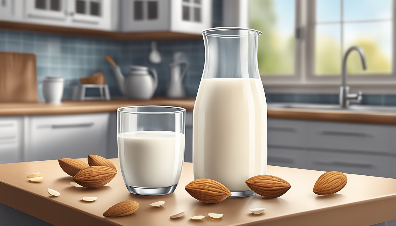 A glass of almond milk replacing a glass of whole milk on a kitchen counter