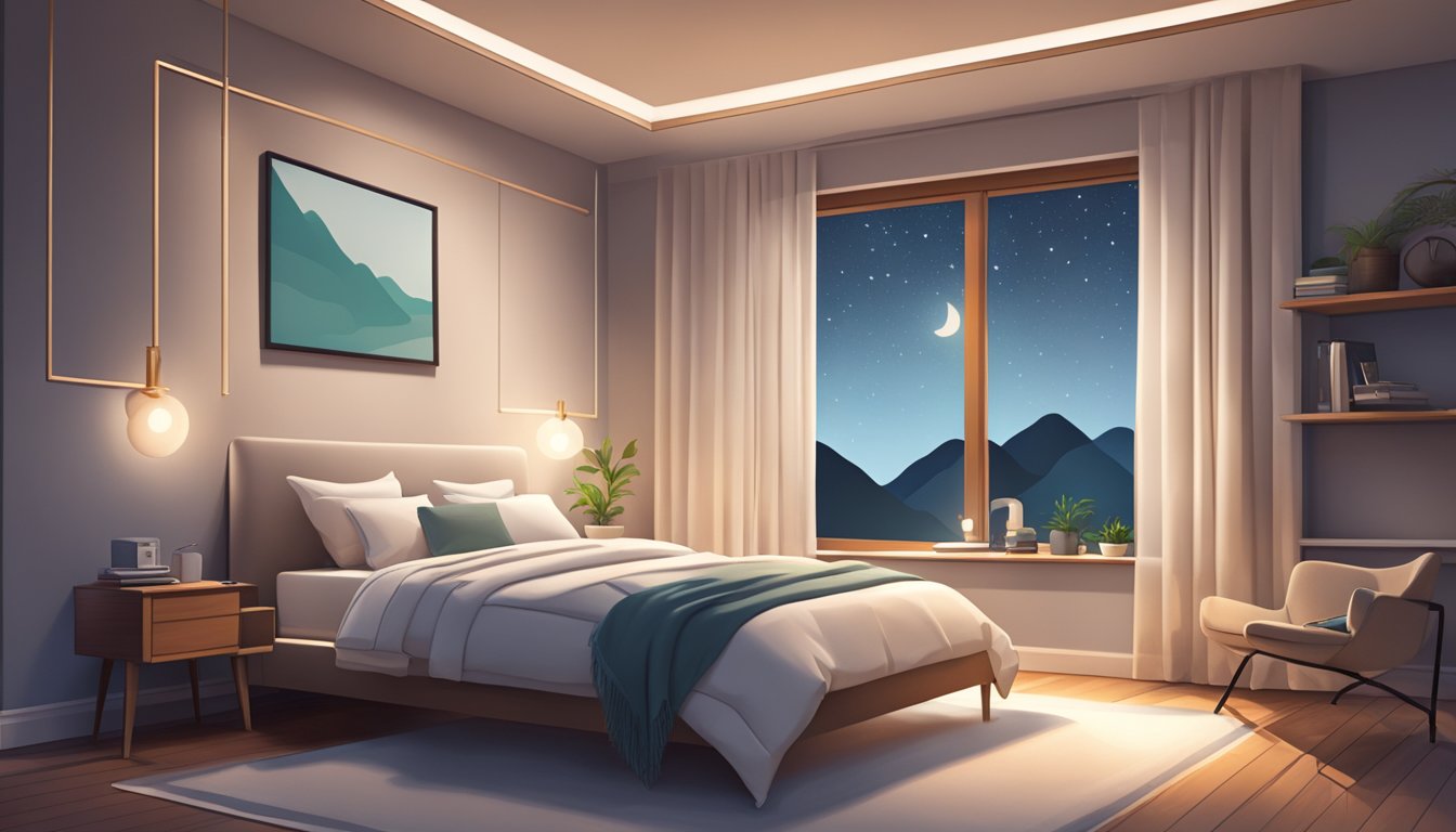 A serene bedroom with a white noise machine, dim lighting, and a tidy bed, creating a peaceful environment for better sleep