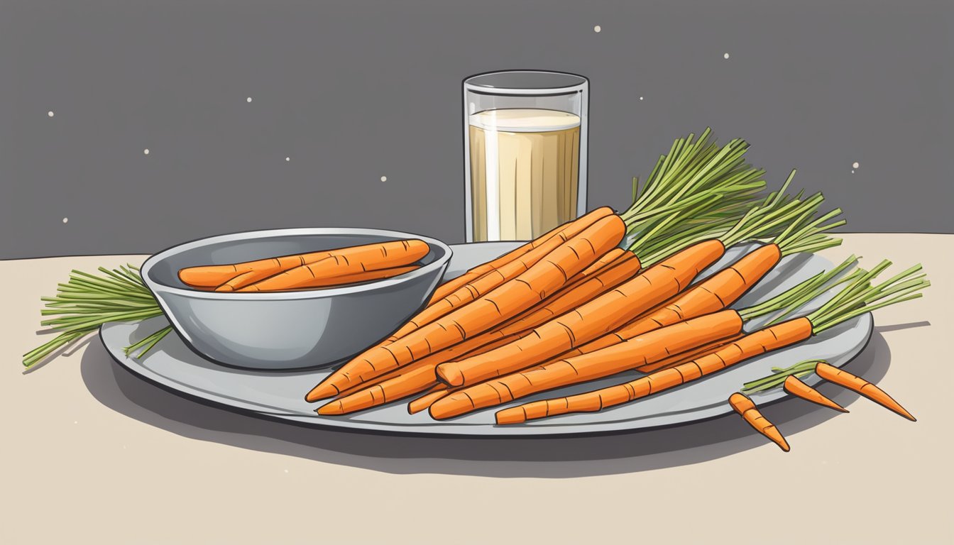 A plate of carrot sticks next to a pile of breadsticks, with a clear preference for the carrots