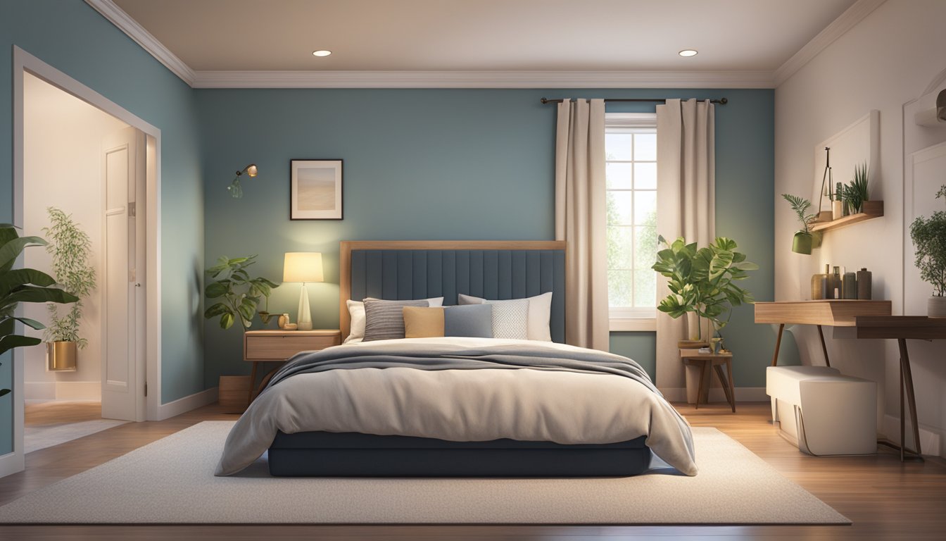 A serene bedroom with a cooling mattress, dim lighting, and calming decor