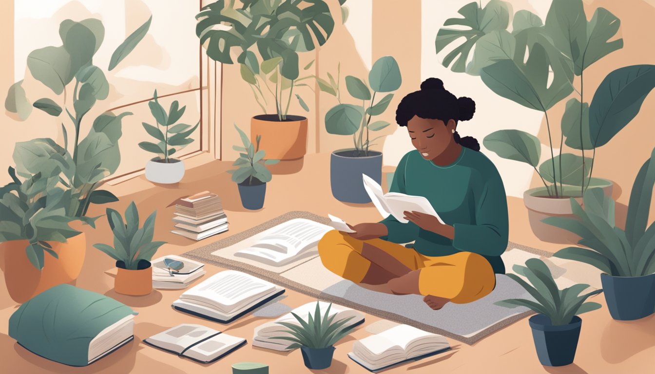 A person sitting in a peaceful, clutter-free room, surrounded by plants and engaging in self-care activities such as reading, journaling, or practicing yoga