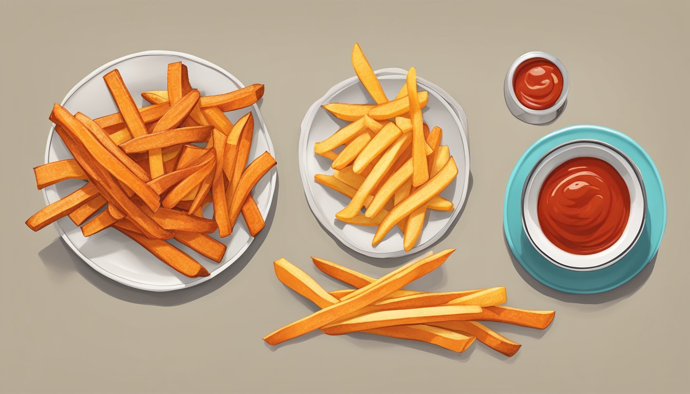 A plate of sweet potato fries and French fries side by side, with a measuring tape and a red "X" over the French fries