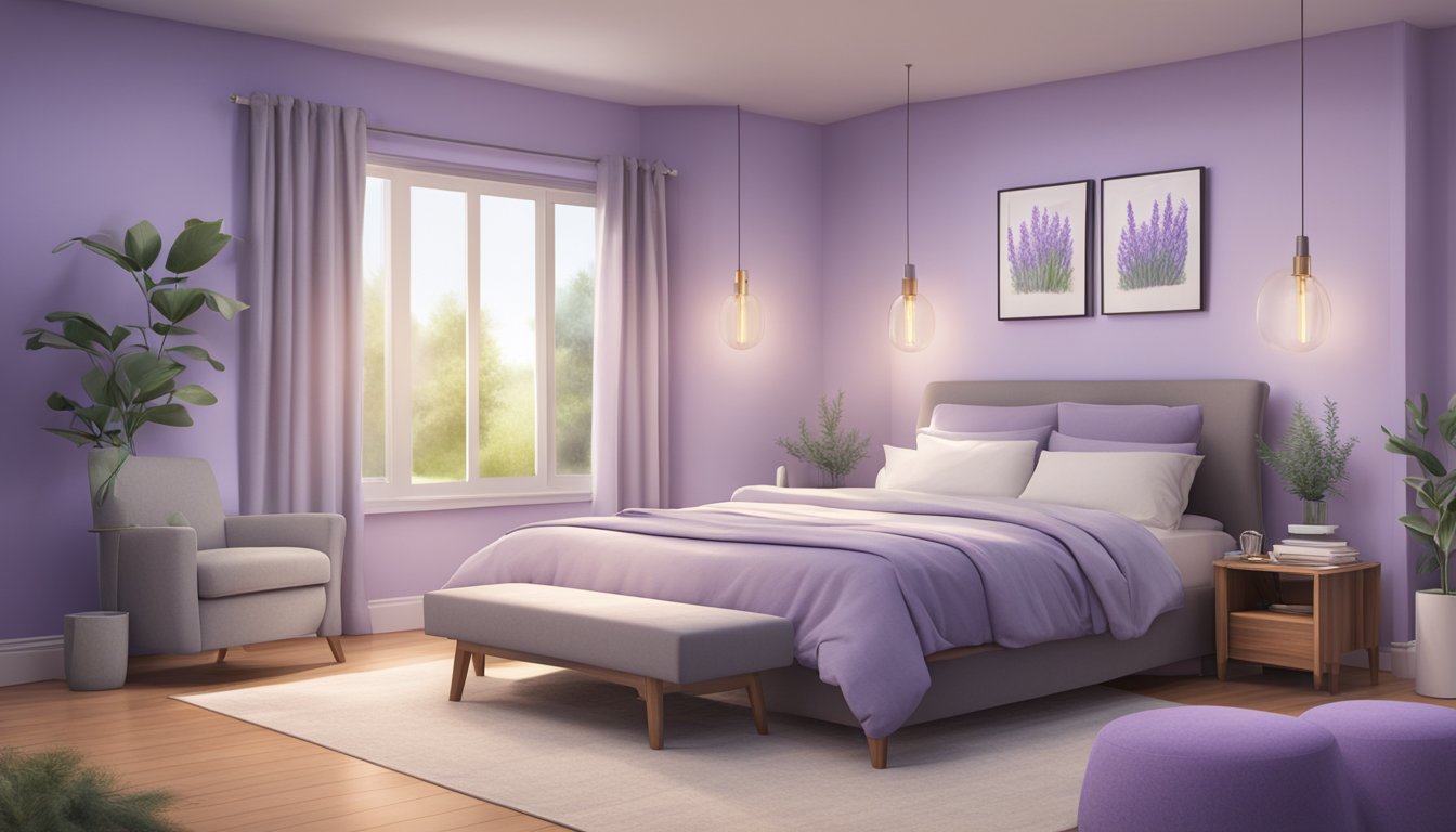 A bedroom with a lavender-scented diffuser emitting a soothing aroma, creating a calming and relaxing atmosphere for better sleep during a weight loss journey