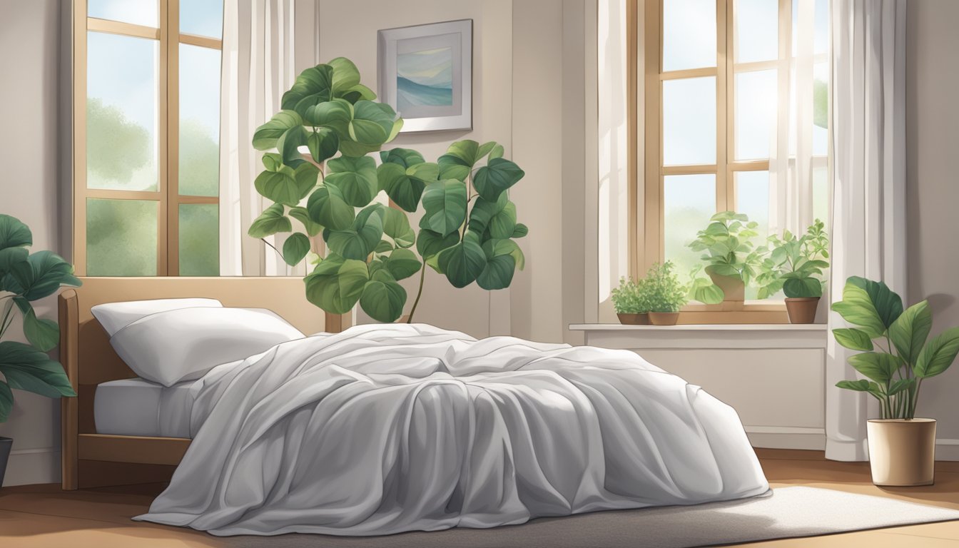 A bed with cotton sheets, open window, and a plant