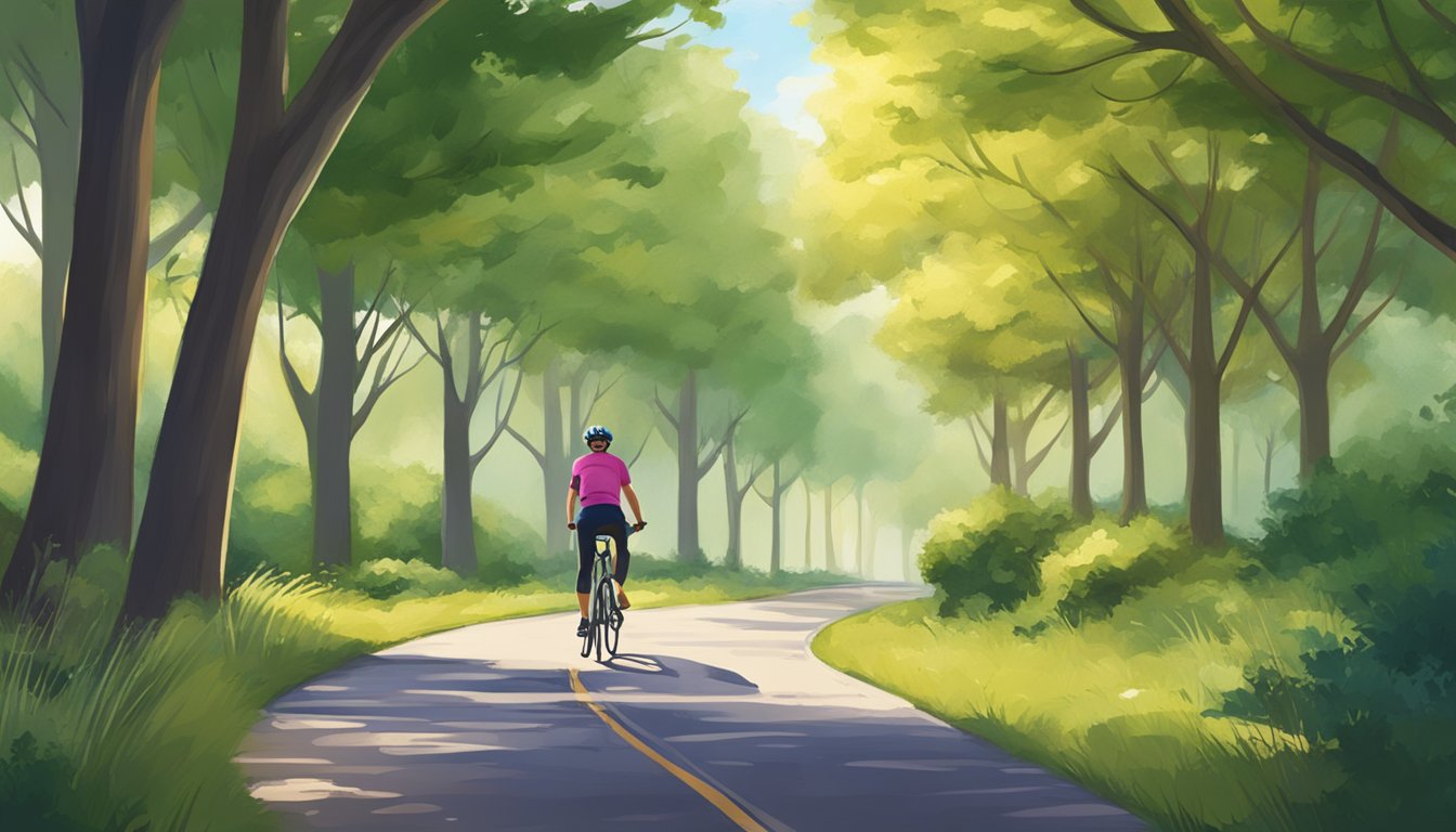 A serene outdoor scene with a person cycling on a bike path surrounded by trees and nature