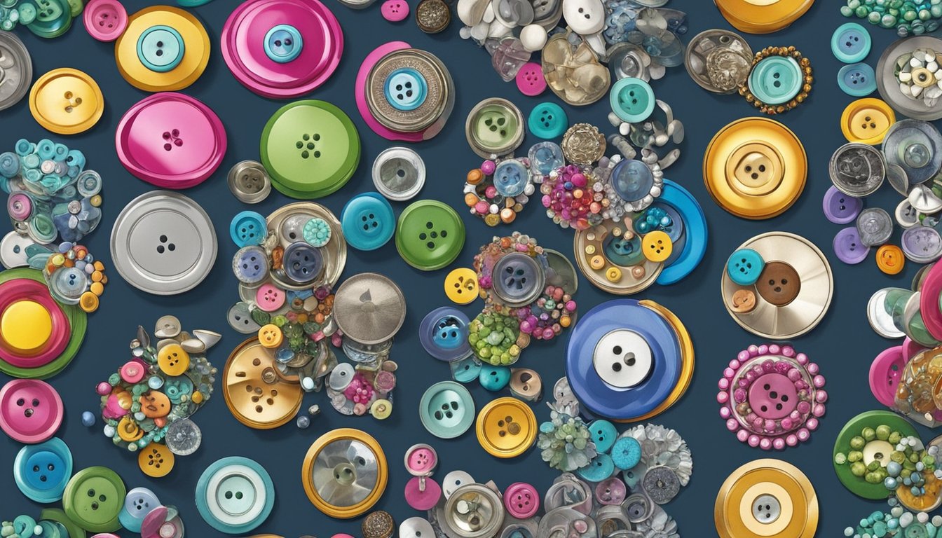 A colorful array of button jewelry adorns a dress form, showcasing 9 creative ways to repurpose old clothes