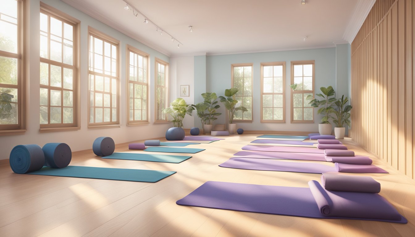 A serene yoga studio with soft lighting and mats arranged for 13 low-impact exercises