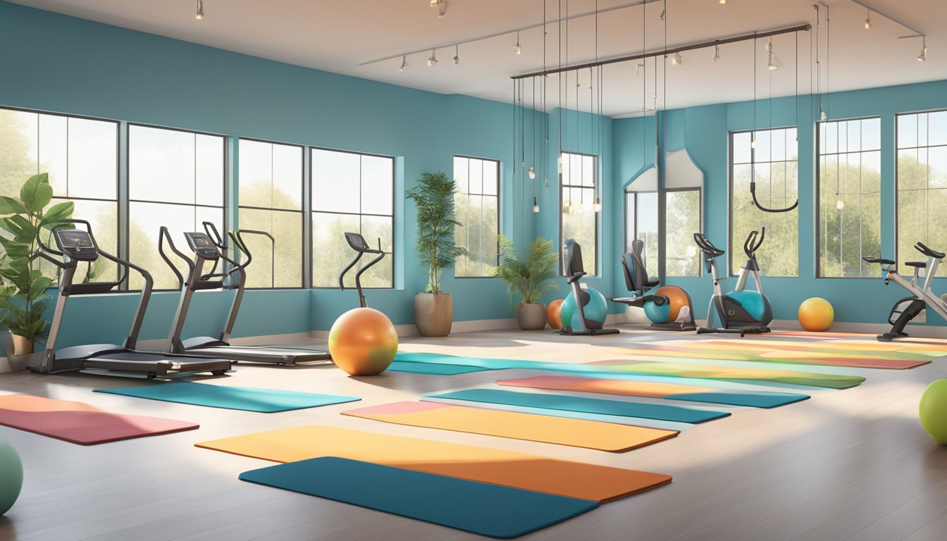 A serene studio with mats, resistance bands, and exercise balls. Mirrored walls reflect natural light streaming in through large windows