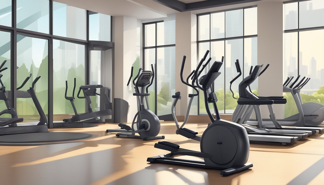 An elliptical machine set in a bright, spacious gym with large windows, surrounded by various low-impact exercise equipment