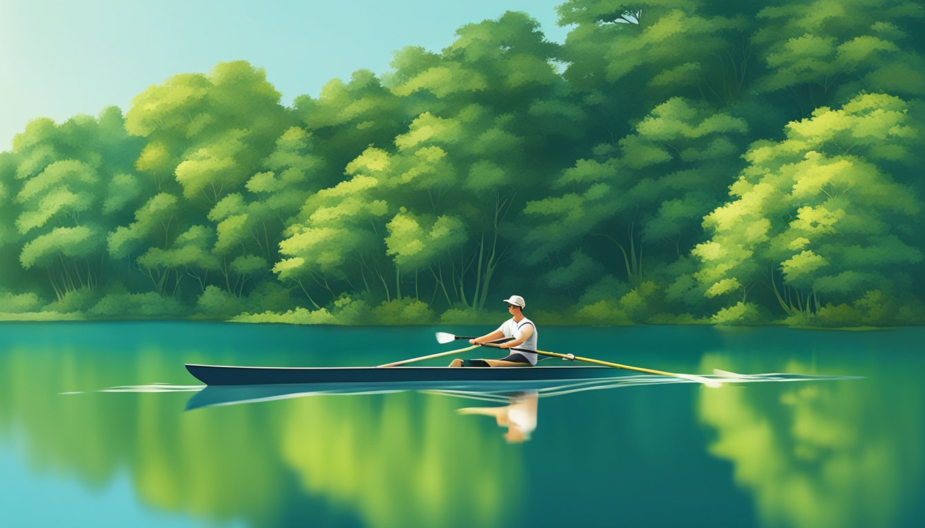 A person rowing on a tranquil lake surrounded by lush greenery and a clear blue sky