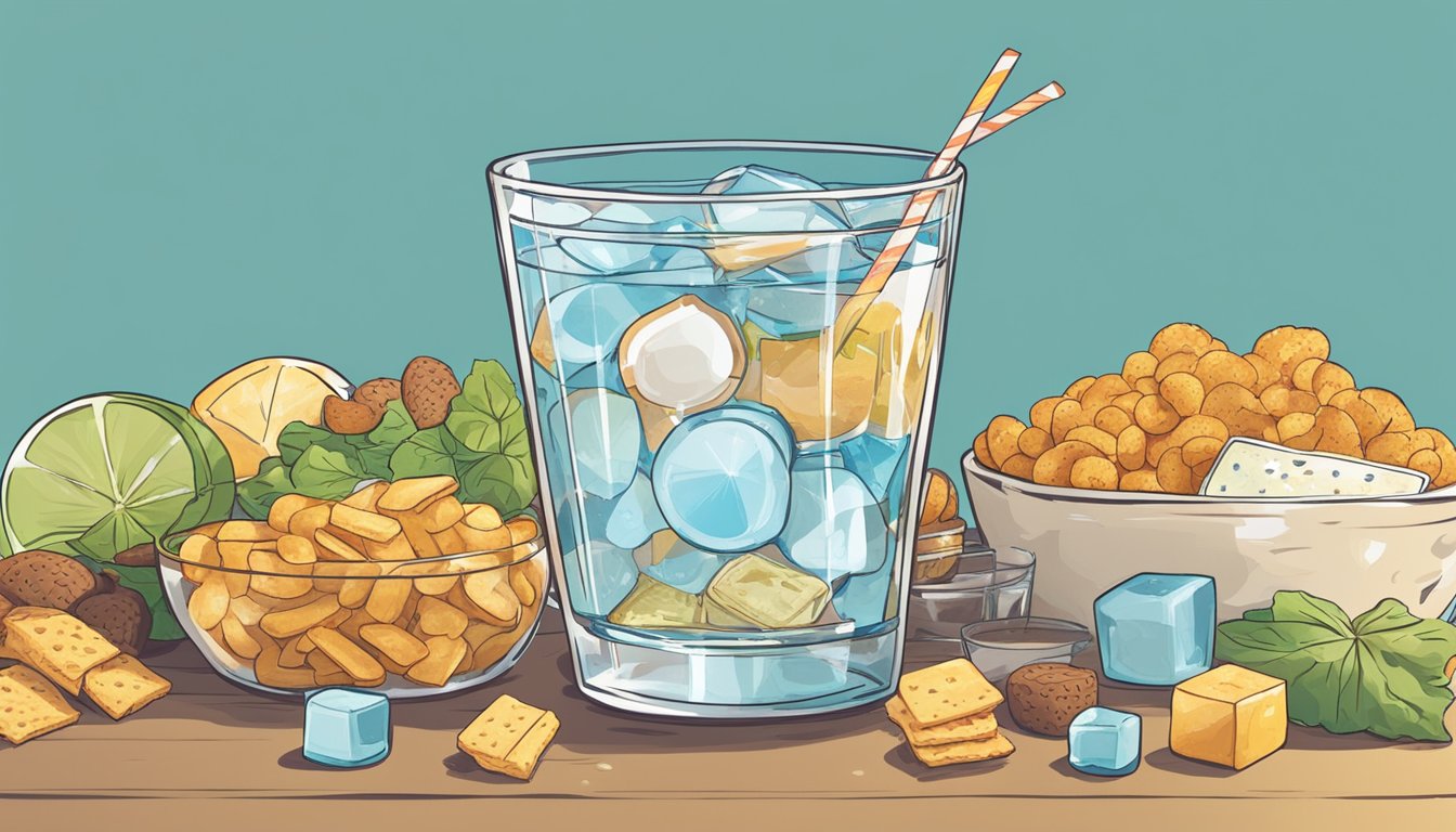 A glass of water surrounded by various snacks, with a thought bubble containing the question "Did I drink enough water today?" above it