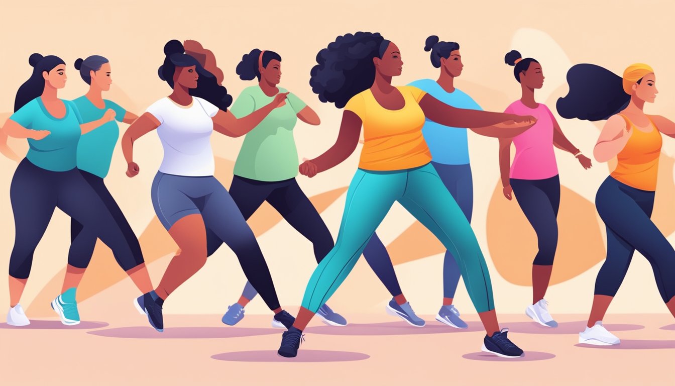 A group of people are engaged in low-impact dance fitness exercises, incorporating movements that are suitable for those using weight loss injections