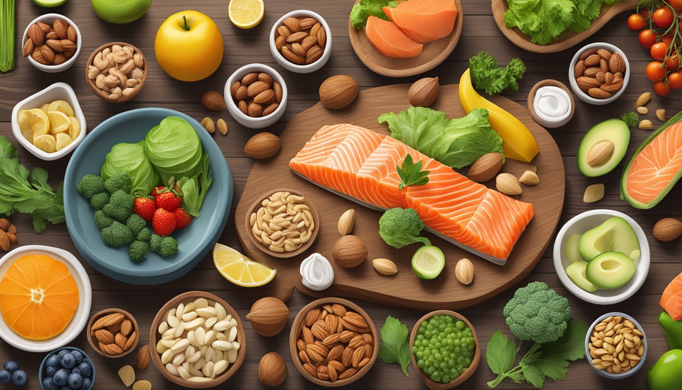 A colorful array of nutrient-dense foods, including salmon, fruits, vegetables, and nuts, laid out on a wooden table