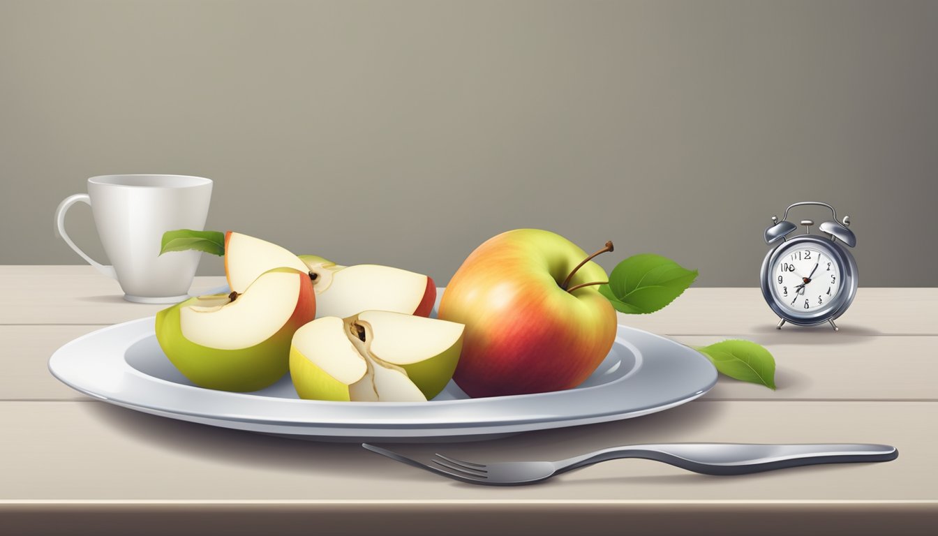 A table with an empty plate, a half-eaten apple, and a clock showing the time of the last meal or snack