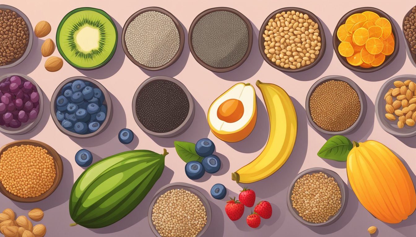 A colorful array of chia seeds, surrounded by various nutrient-dense foods like fruits, vegetables, nuts, and grains, arranged in an appealing and balanced composition