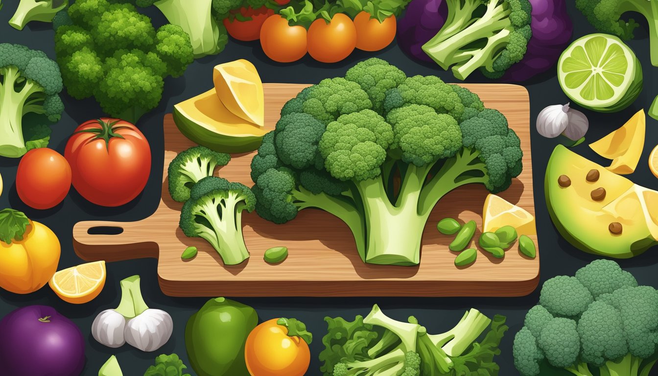 A colorful array of nutrient-dense foods, including broccoli, arranged on a wooden cutting board with vibrant natural lighting