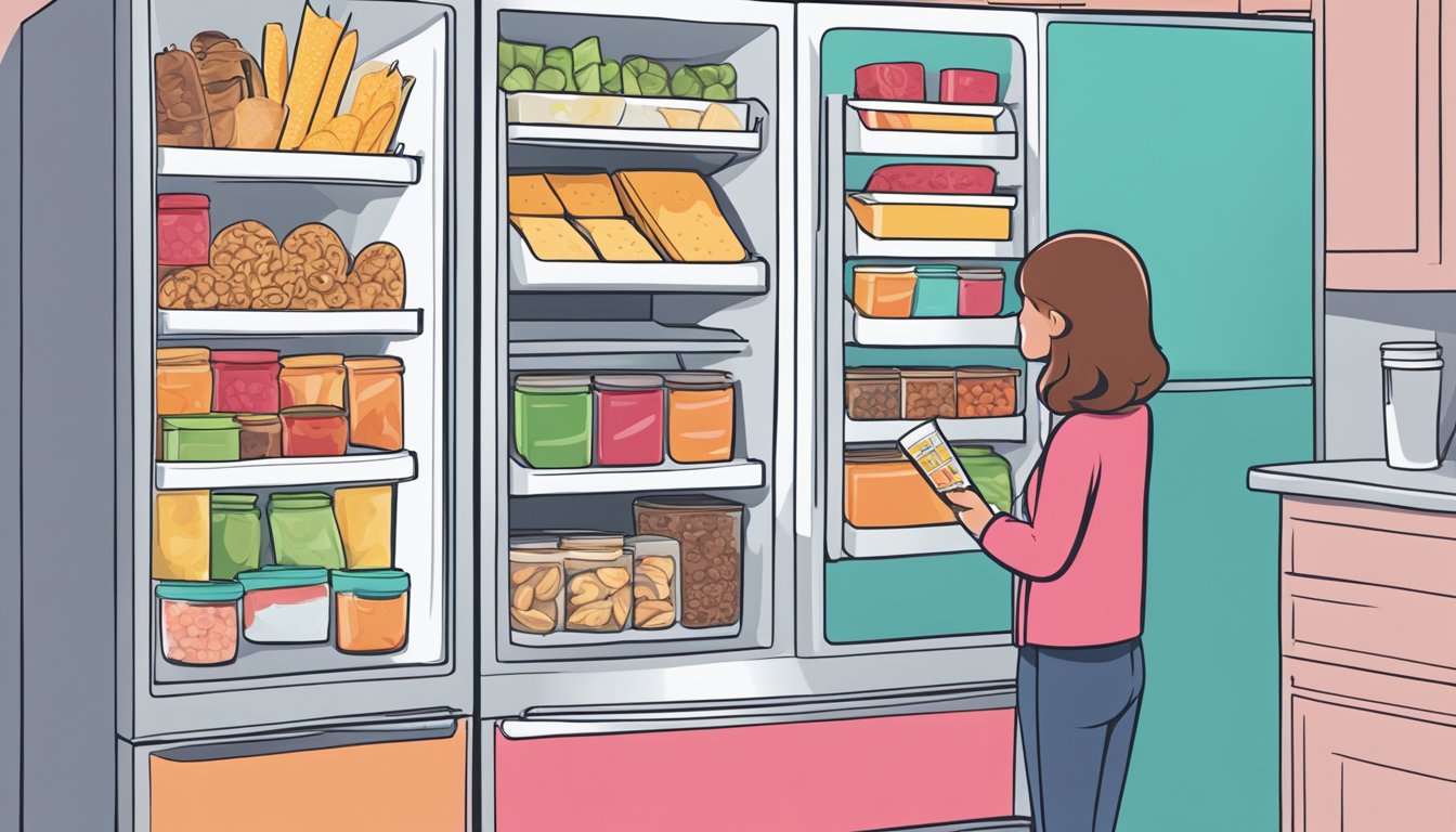 A person standing in front of an open refrigerator, contemplating a variety of snack options while holding a list of questions in their hand