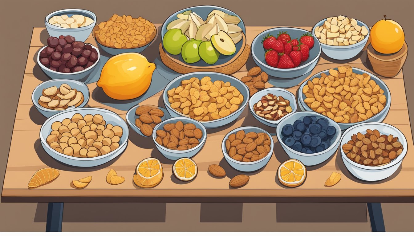 A table with various snack options, including fruits, nuts, and crackers, arranged neatly with portion sizes indicated. A calendar nearby showing the date