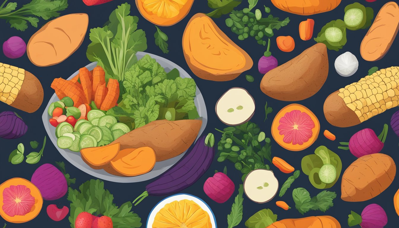 A colorful array of nutrient-dense foods, including sweet potatoes, arranged on a table with vibrant fruits and vegetables