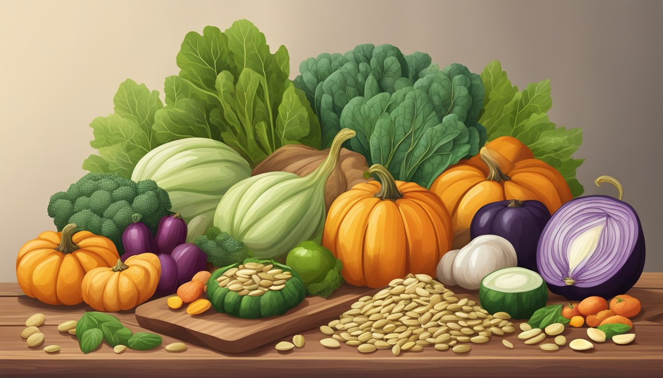 A variety of nutrient-dense foods, including pumpkin seeds, are arranged on a wooden cutting board, surrounded by fresh fruits and vegetables