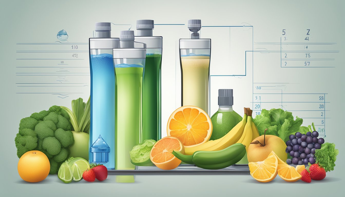 A variety of hydration sources, including water, fruits, and vegetables, surrounded by fitness equipment and a weight loss progress chart