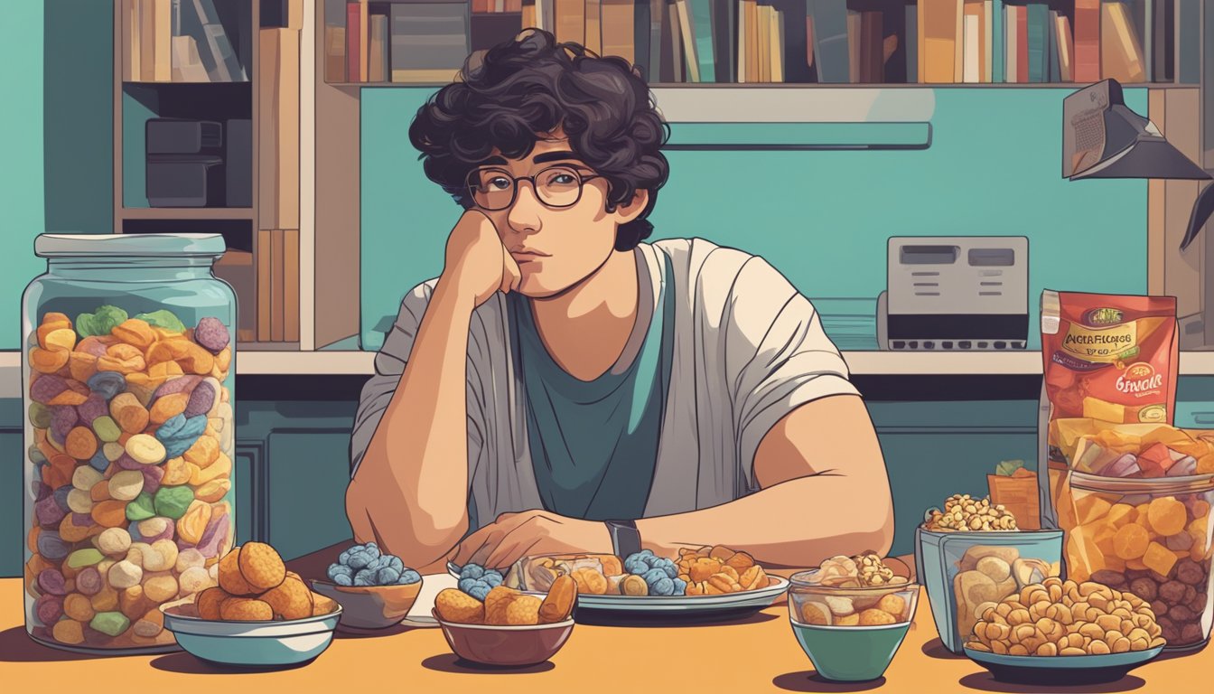 A person sitting at a table with a variety of snacks in front of them, looking contemplative and seemingly questioning their choices