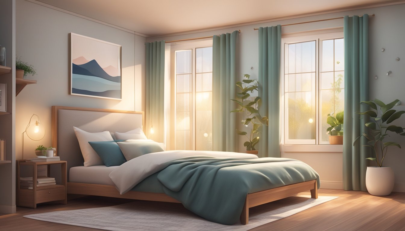 A serene bedroom with a cozy bed, soft lighting, and a peaceful atmosphere, surrounded by elements that promote relaxation and rest