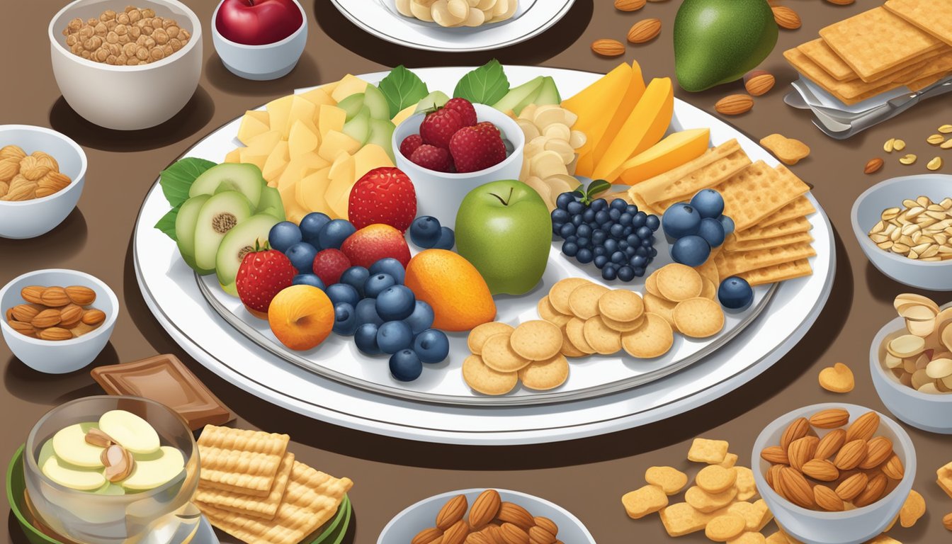 A plate with a variety of snack options, including fruits, nuts, and crackers, arranged in appropriate portion sizes