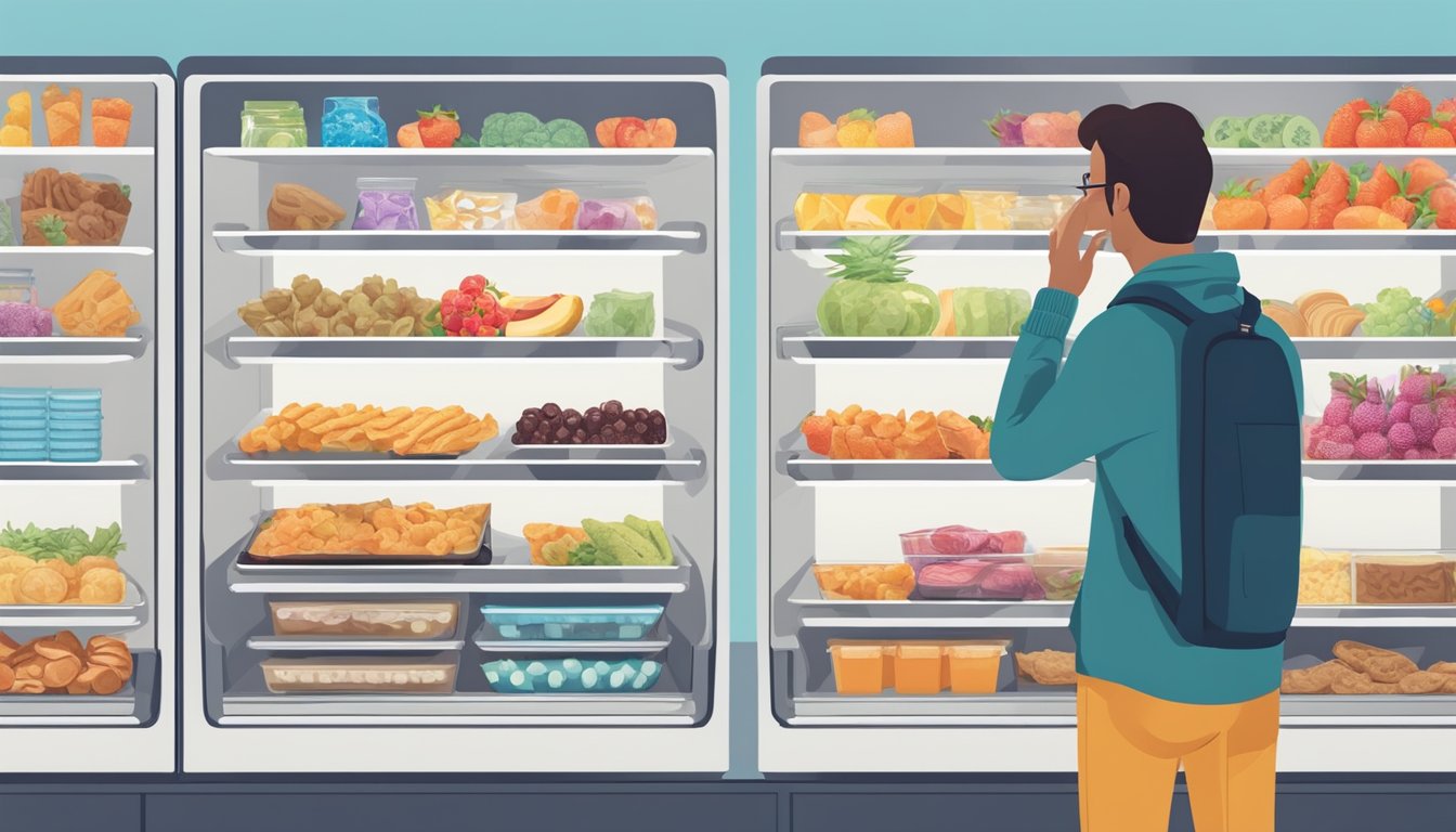 A person standing in front of an open fridge, pondering between a healthy snack and a sugary treat, with various food options on the shelves