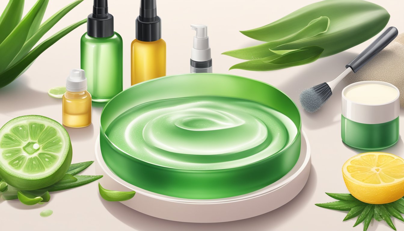 Aloe vera gel being applied to a face, surrounded by various natural ingredients and beauty tools on a clean, organized countertop