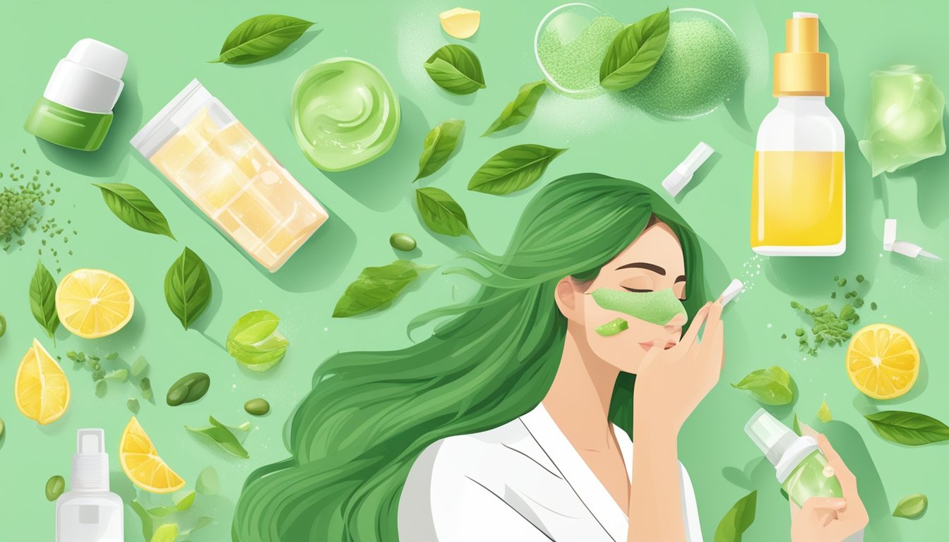 A woman sprays green tea mist on her face, surrounded by various DIY beauty ingredients and tools