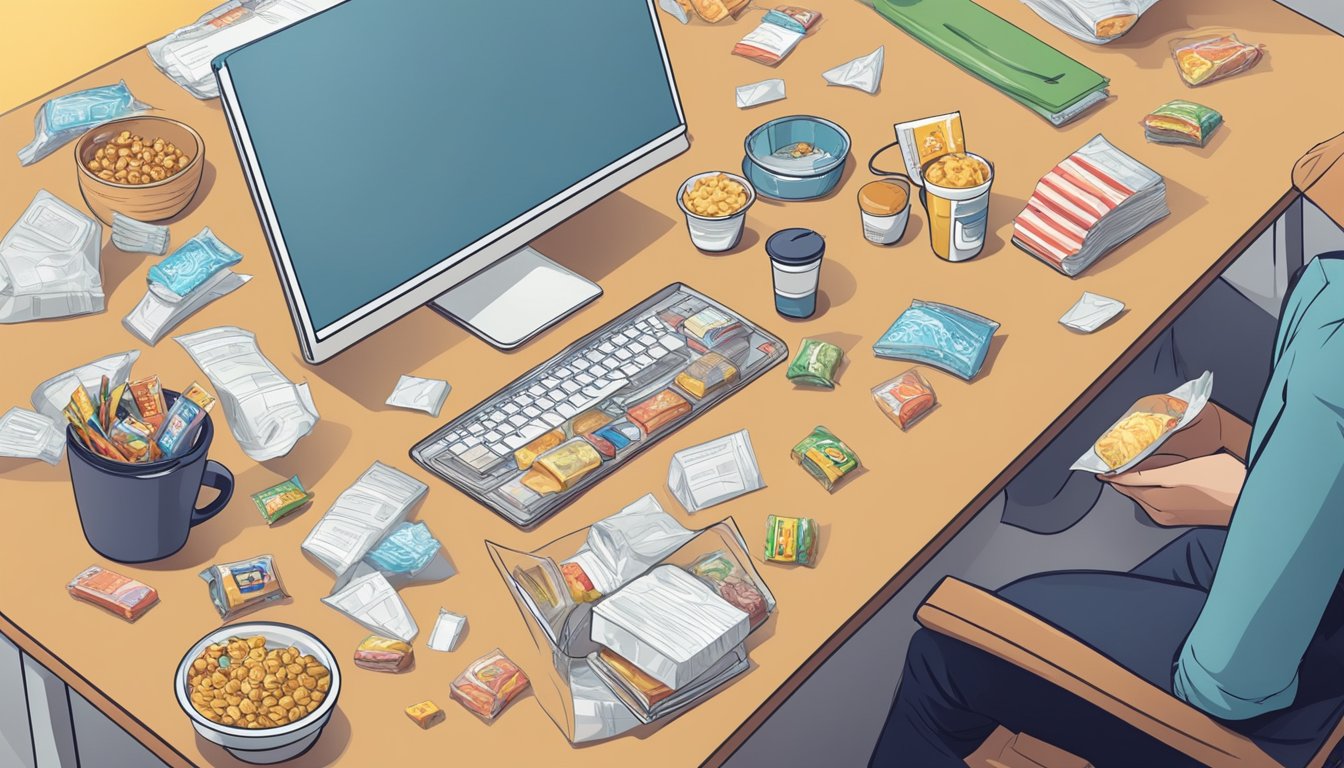 A cluttered desk with empty wrappers and scattered snacks, a person hesitating before reaching for another