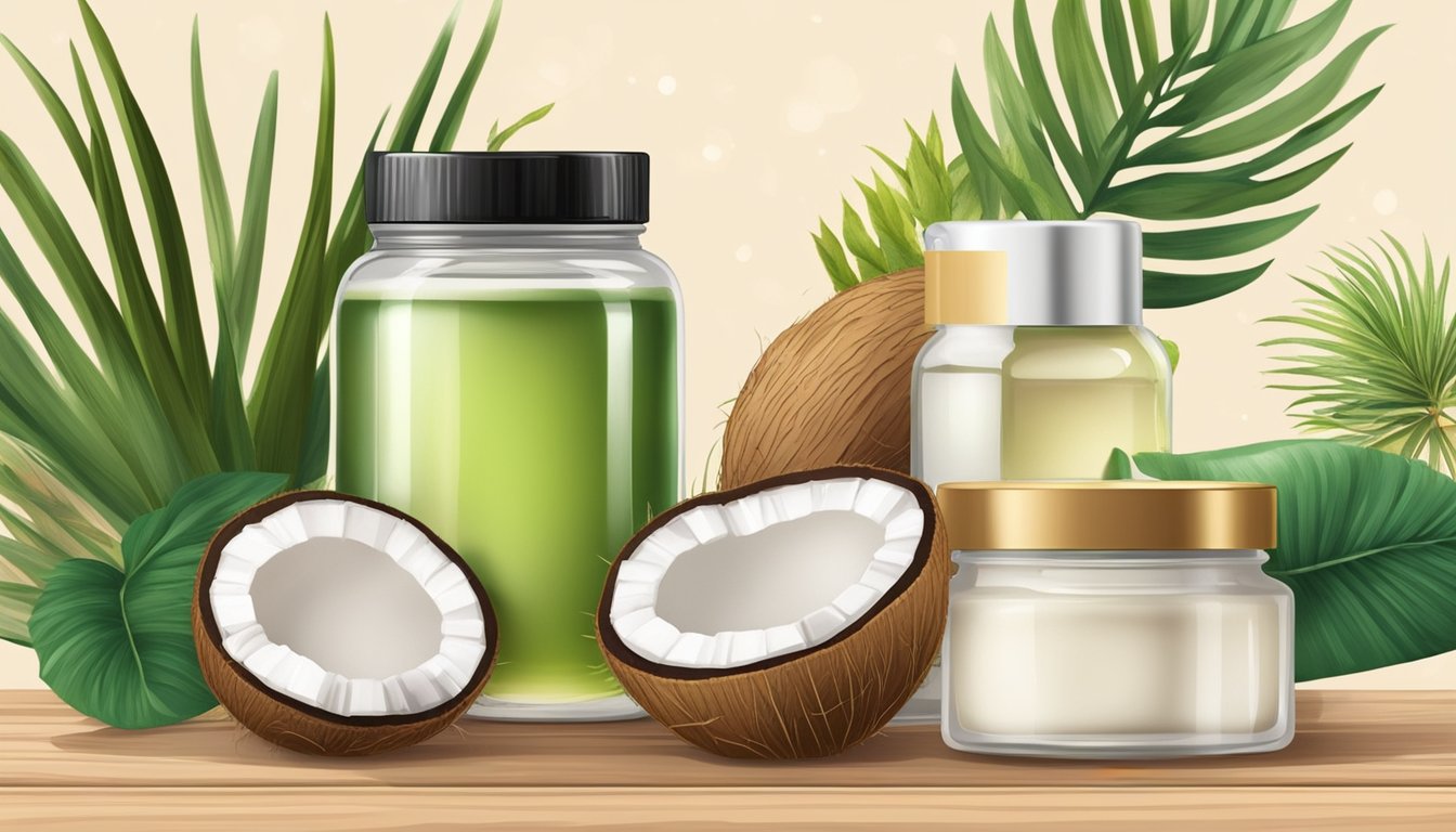 A small glass jar of coconut oil lip balm surrounded by various natural ingredients and beauty products on a wooden table