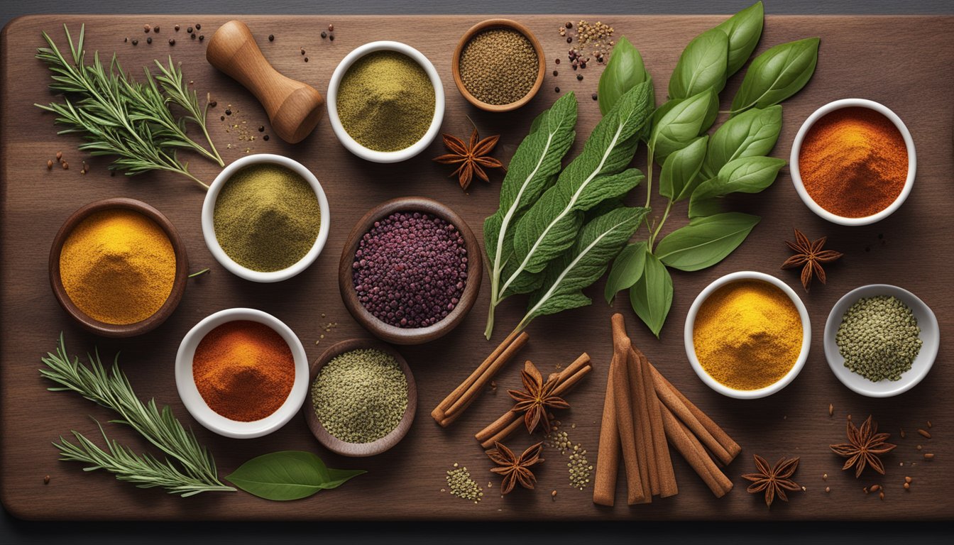 A vibrant array of assorted herbs and spices arranged on a wooden cutting board, including sumac, showcasing their unique shapes, colors, and textures