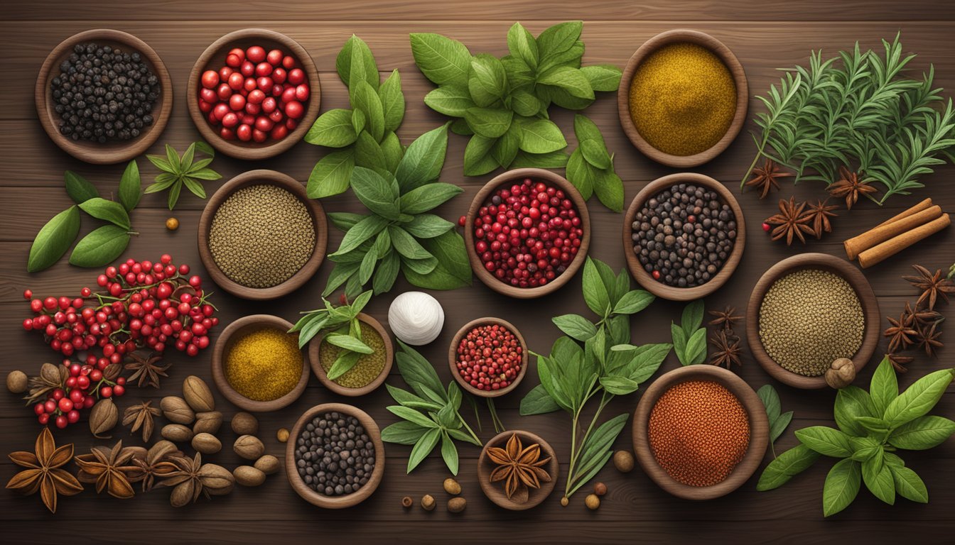 A colorful array of Tasmanian Pepperberry and other exotic herbs and spices arranged on a rustic wooden table