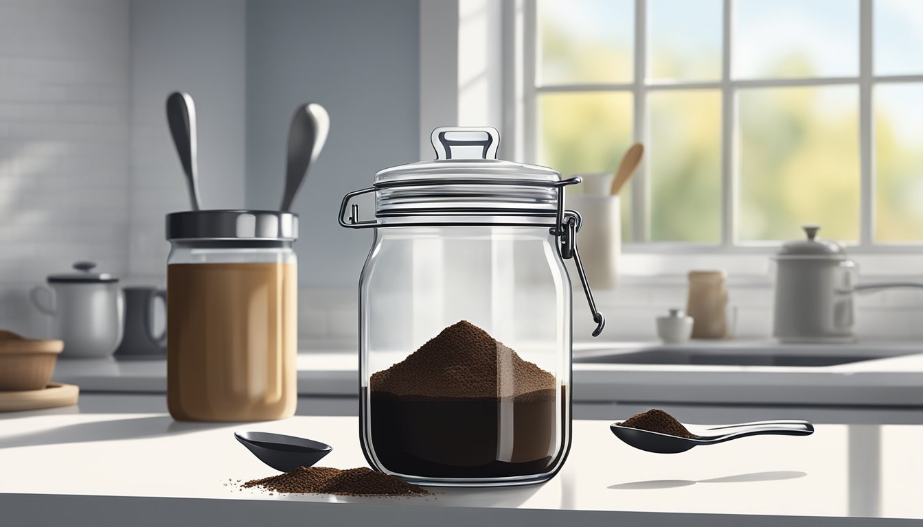 A jar of coffee grounds sits next to a mixing bowl and spoon on a clean, white countertop. A soft, natural light illuminates the scene from a nearby window