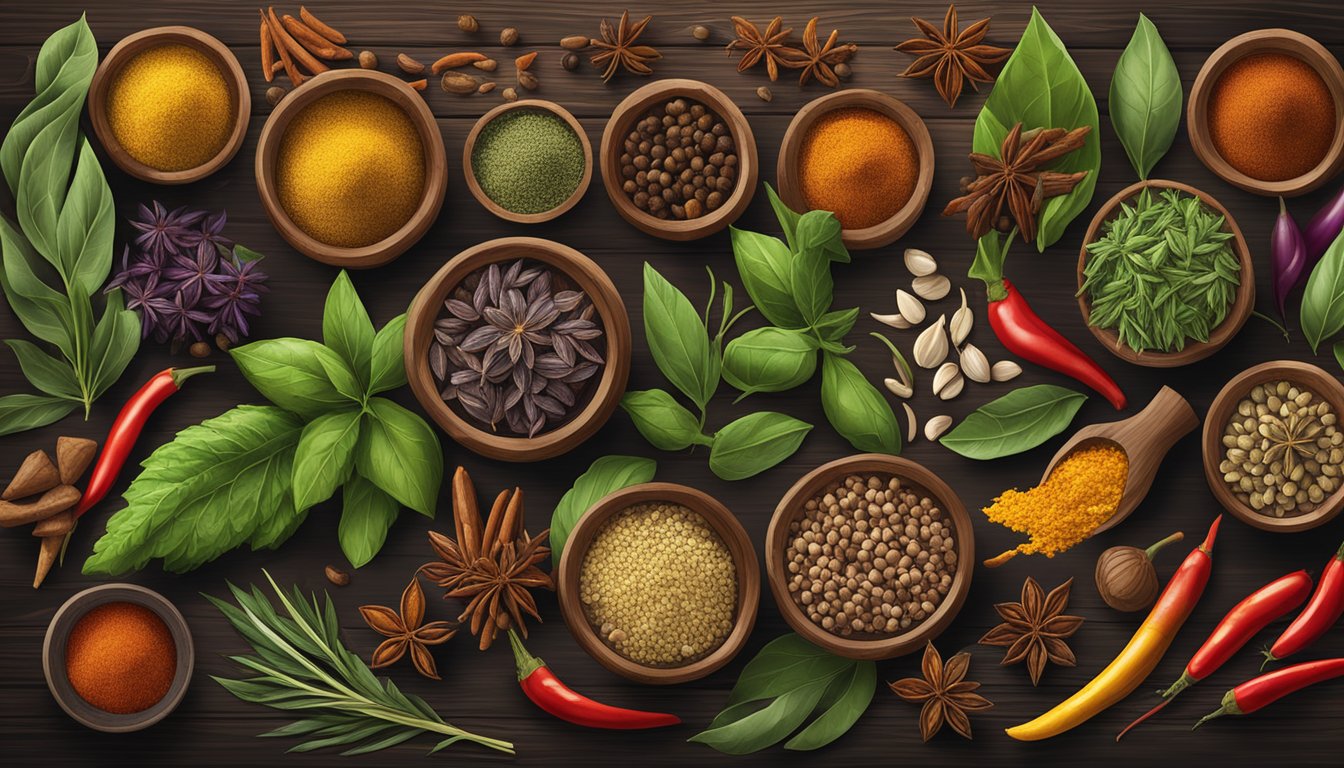 A colorful array of exotic herbs and spices arranged on a rustic wooden table