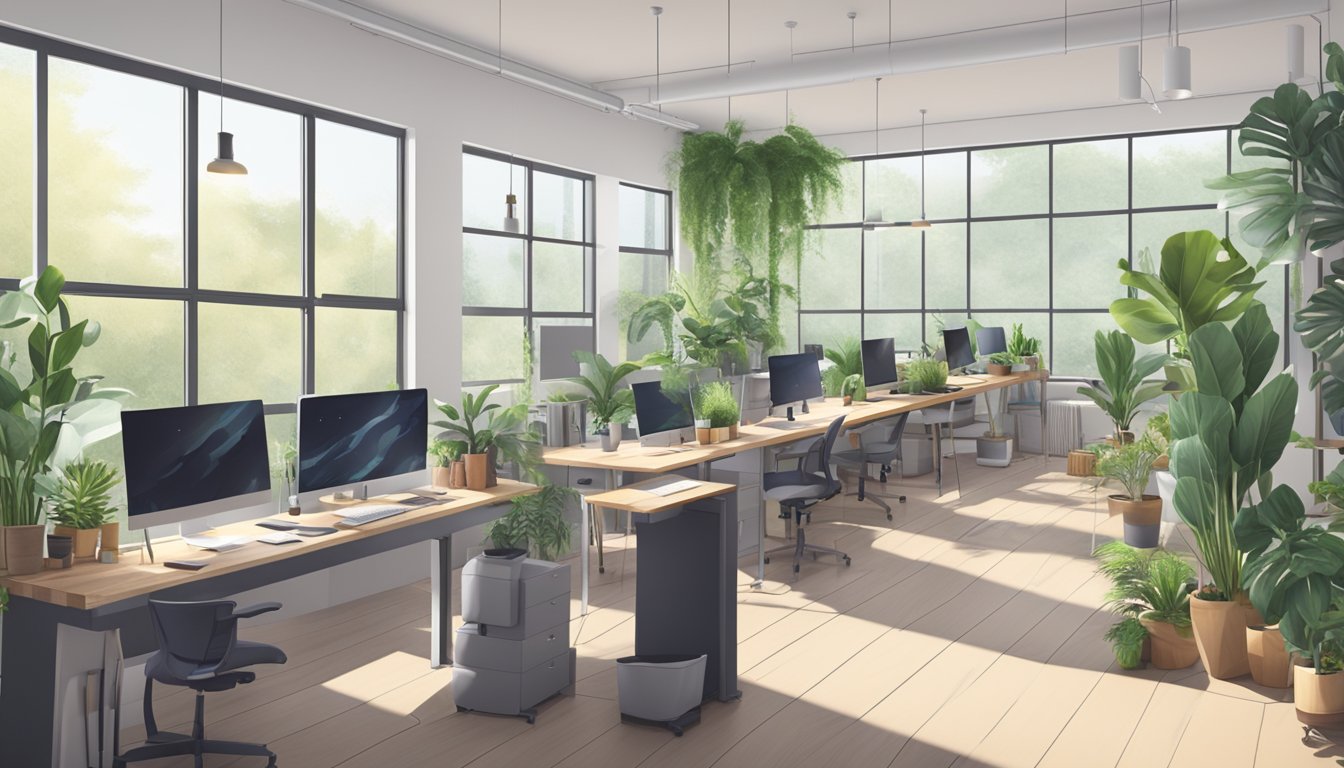 A bright, spacious home office with 11 standing desks arranged in a row, surrounded by plants and natural light