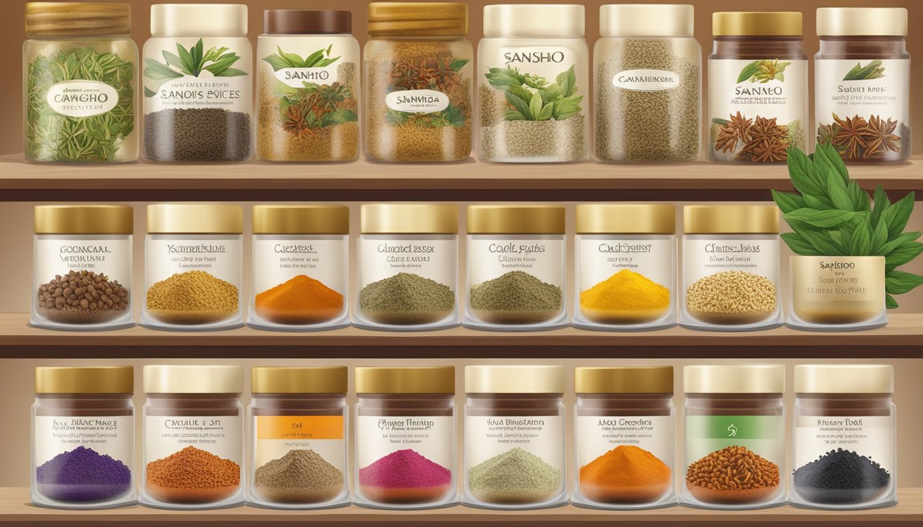 A collection of ten exotic herbs and spices, including Sansho Powder, arranged in a visually appealing and colorful display