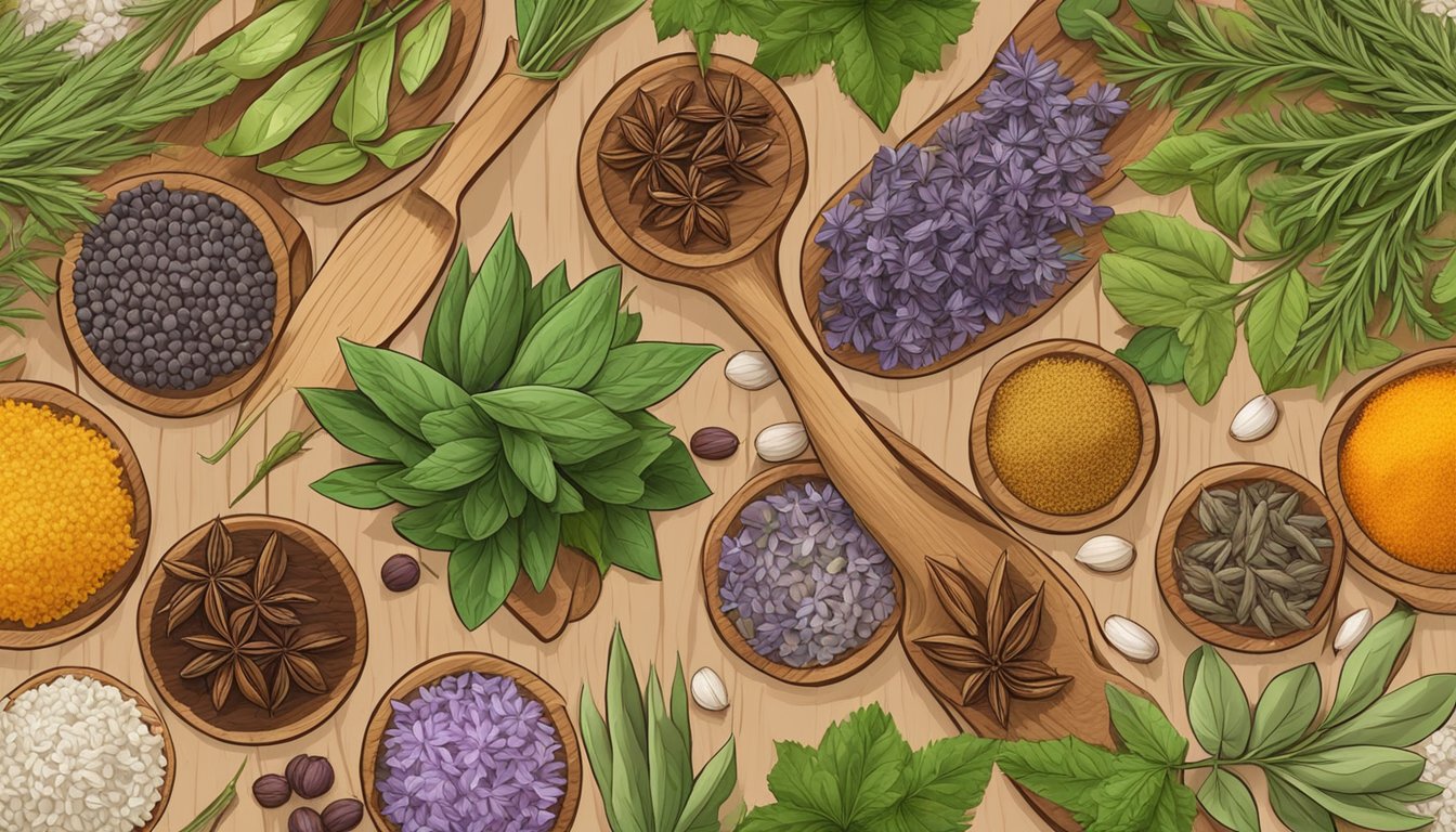 A variety of colorful and aromatic herbs and spices arranged on a wooden cutting board, including unusual options like saffron, cardamom, and lavender